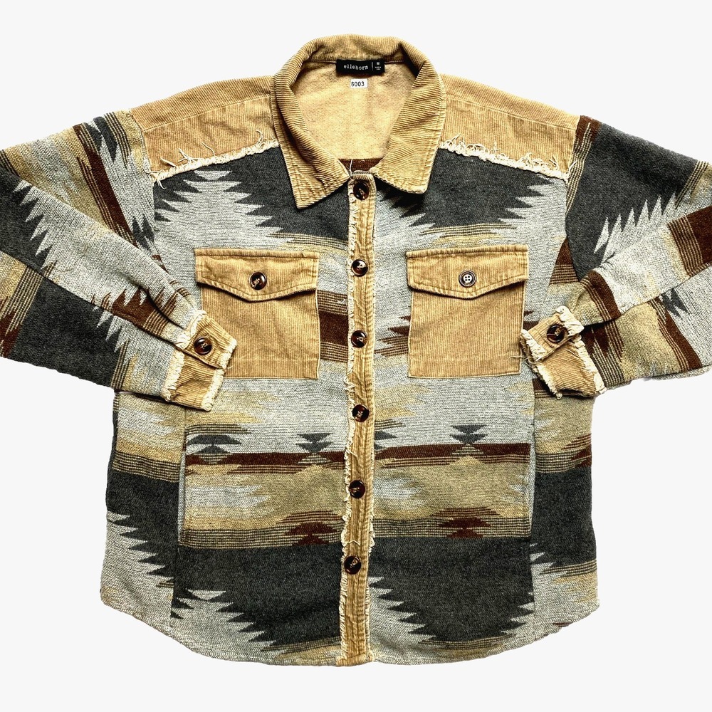 Elleborn Shacket Womens Medium Tan Southwestern Distressed Shirt Jacket